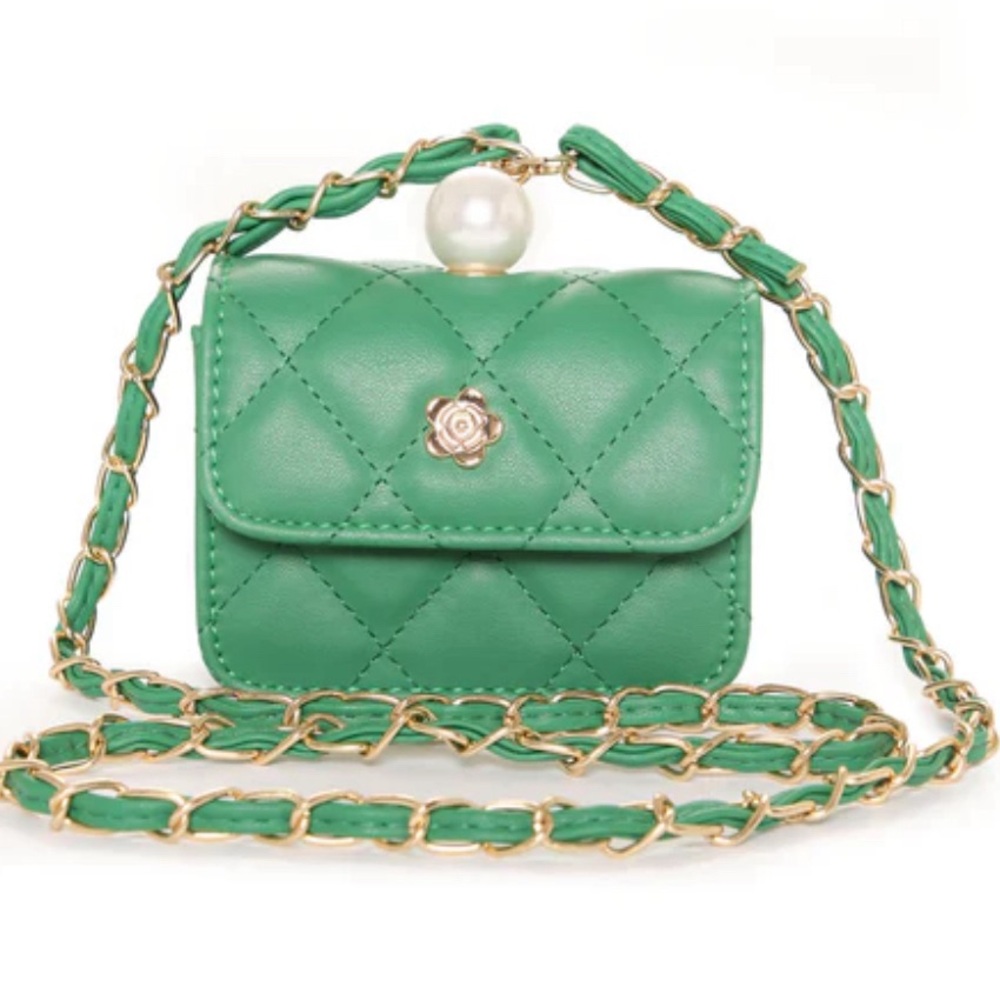 Mini Green Quilted Shoulder Bag with Chain strap and Faux Pearl Embellishment